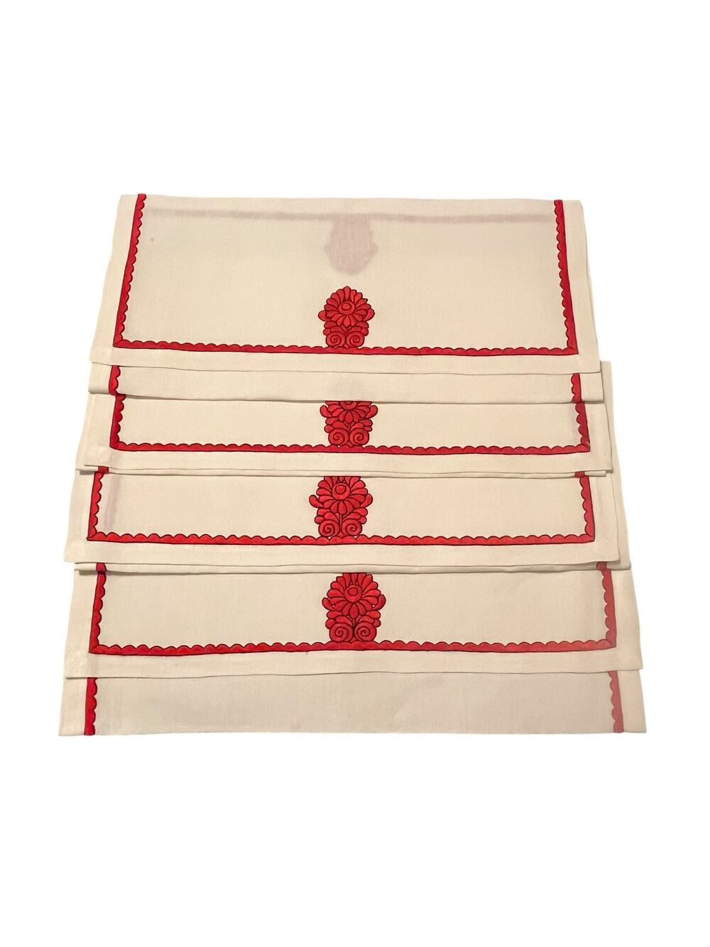 Vintage Cotton Embroidered White Red Flower Placemats Four
